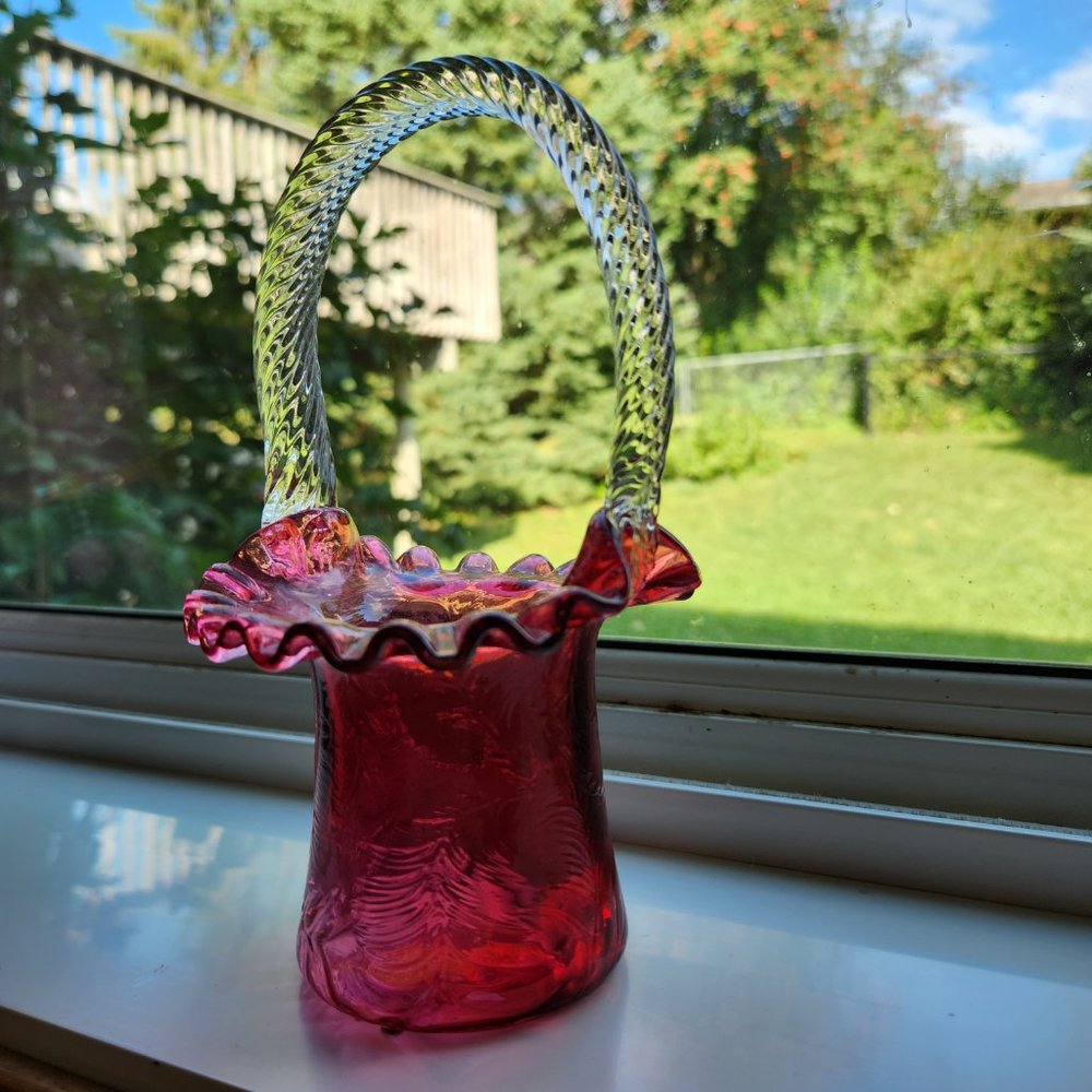 Fenton Cranberry Basket Swirl Handle Leaf Imprint 7 inch